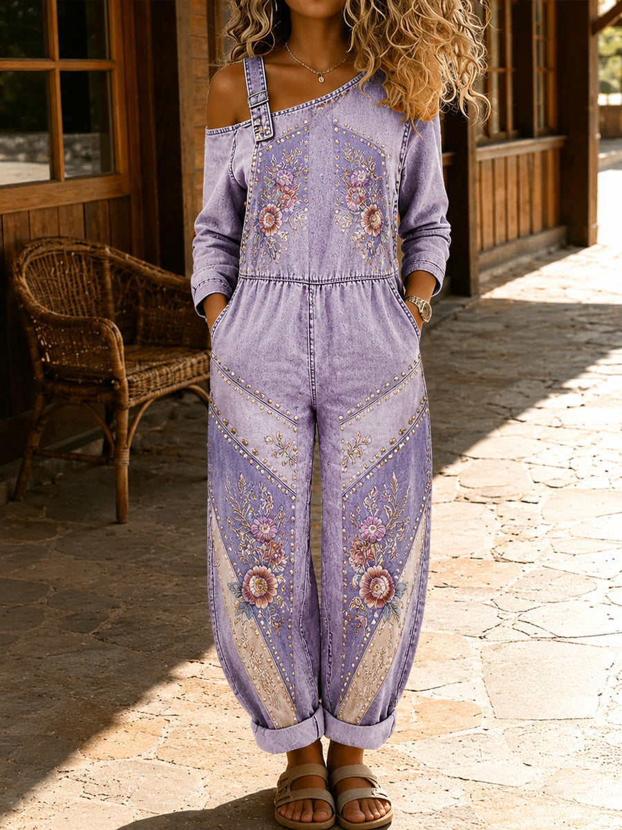 Women's Retro Style Art Print Washed Cotton Denim Patchwork Jumpsuit